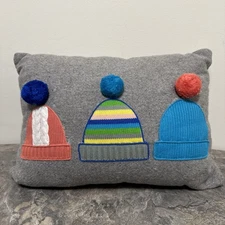 H For Happy Throw Pillow Whimsical Gray Winter Hats Pom 19x13x8” Clean EUC