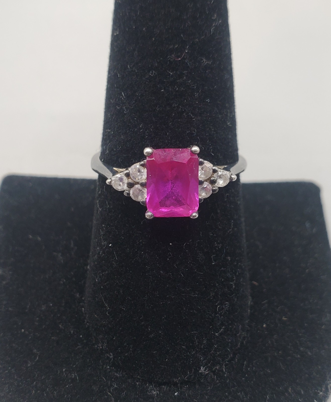 Emerald Cut Pink Sapphire TESTED Gemstone & CZ 925 Sterling Ring Sz 9 Vtg + Box