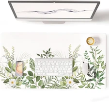 Large Mouse Pad, Green Leaves Waterproof Office Desk Mat, Non-Slip Computer Gami