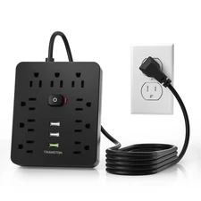 Flat Plug Power Strip with 6 Outlet Long Extension Cord USB Port Surge Protector