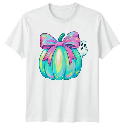 Damen T-Shirt irisierend rosa Schleife Kürbis Geist Halloween Geschenk für Sie