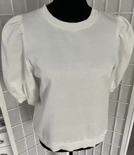 H&M Womens White 100%Cotton Pull Over Short Puff Banded Sleeved Crew Neck M