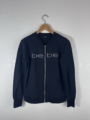 Bebe Sport Rhinestone Logo Zip Up Jacket Women s Black Thumbhole Small Y2K