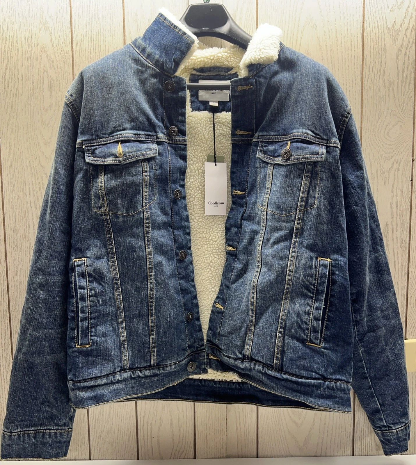 Goodfellow Denim Jean Trucker Jacket Sherpa Lined size L Men Blue Button Up