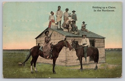 Northwest Claim Cabin Homesteaders On Roof Western Novelty Divided Back Postcard