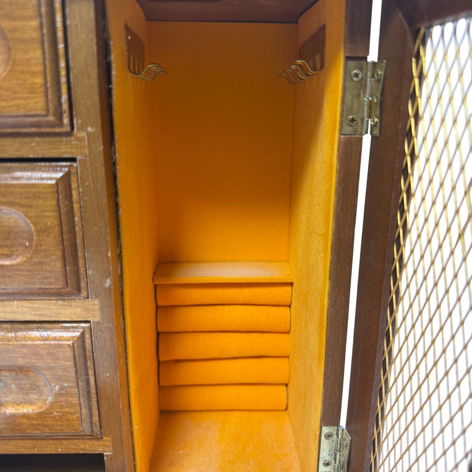 Vintage Standing Wooden Jewelry Box w/ Drawers & Lattice Door Music Box