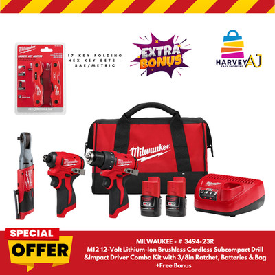 Milwaukee M12 3 -Tool Combo Kit 3494-23R+Free Bonus