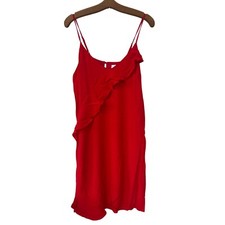 Pinch Ruffle Slip Shift Dress Womens S Midi Red Spaghetti Adjustable Straps NEW