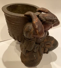 Antique Chinese Brush Pot Terracotta Figural Man pencil vase Signed