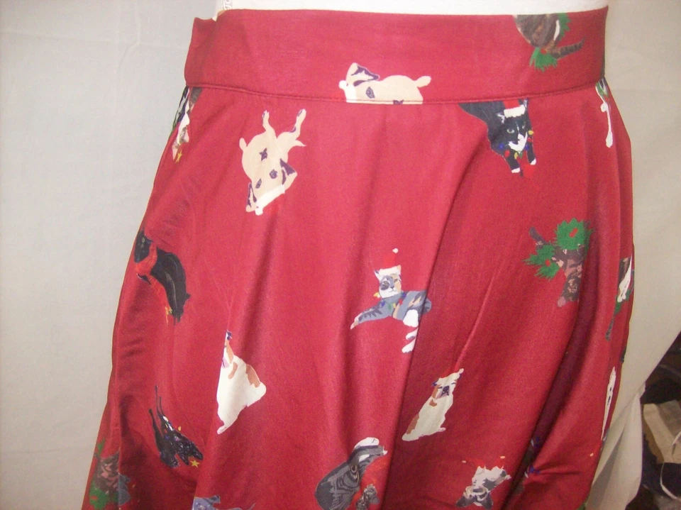 Modcloth Christmas Skirt Sizes S, M, L, 2X Novelty Dog Cat Satin Flare (B201) - Image 4 of 4