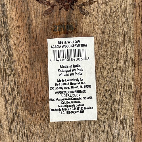 Bee & Willow Acacia Wood 14 Inch Serve Tray Leaf Engraved Handles Made In India - Picture 14 of 14