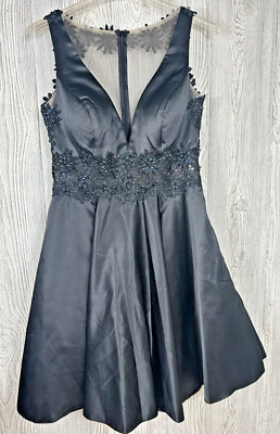 Dave & Johnny Short Black Dress Tulle Crystals Beads Semi Sheer Upper Size 7/8
