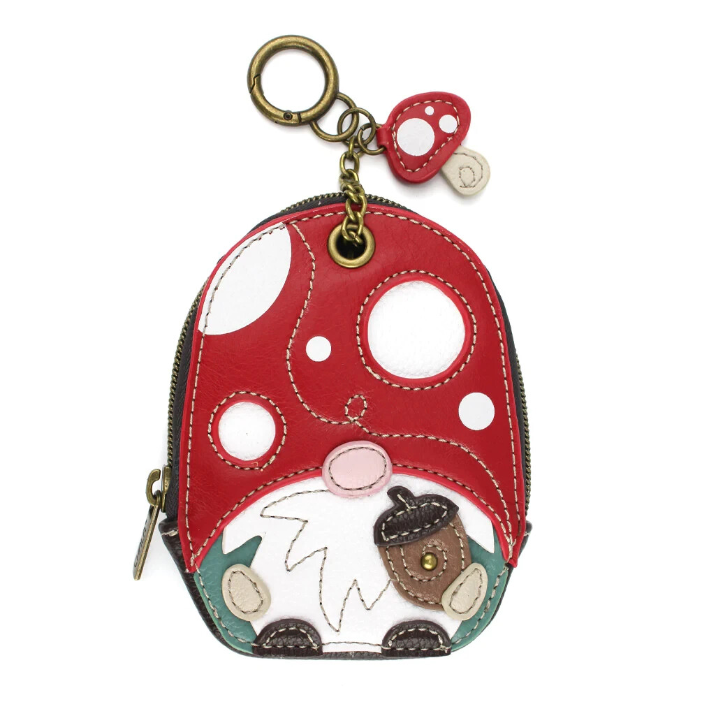 New Chala Brown Red Gnome Rfid Coin Purse Keychain Zippered Wallet Faux Leather