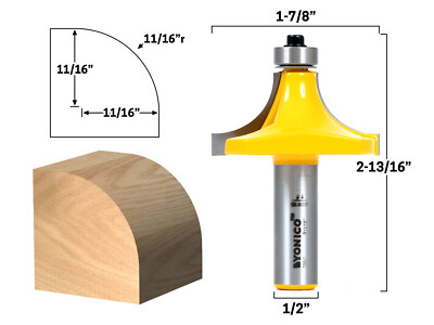 11/16'' Radius Round Over Edge Forming Router Bit - 1/2'' Shank - Yonico 13967