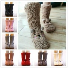 Women Bed Slippers Socks Coral Velvet Winter Warm Fluffy Fleece Bear Cute White