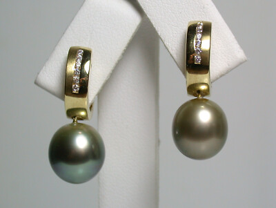10x11mm AAA Qualität Pistazie Tahitian Salzwasserperle & Gold Vermeil Huggies