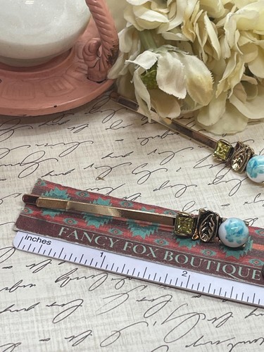 Porcelain Crystal Vintage Victorian Pair Hair Pins 3" Long Willow Rose White Blu - Picture 4 of 6