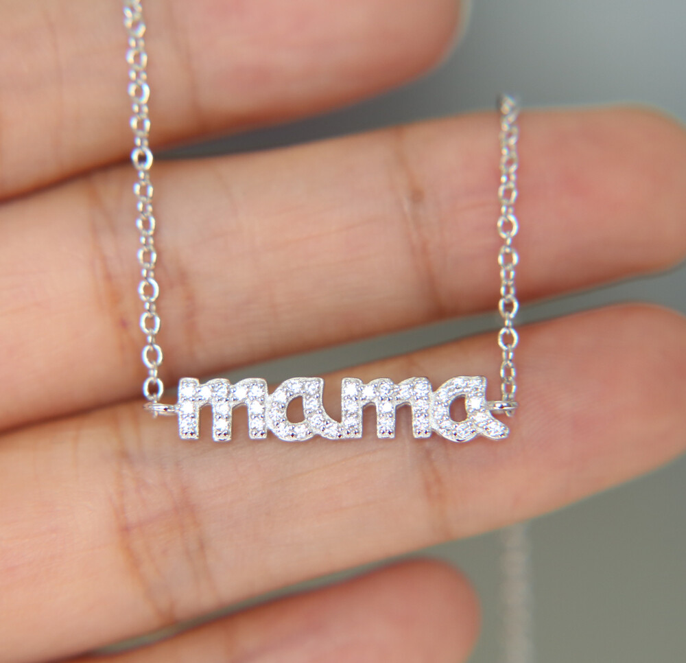 ZARD Word MAMA CZ Pave Sideways Pendant Necklace Rose-Gold