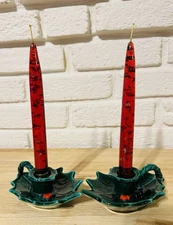 2 Vintage 1960's RED Gold Flake Flecks MCM Lucite Christmas Candlesticks Lot #1