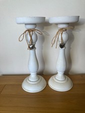 2x Tall White Shabby Chic Wooden Candle Stick Holders 26.5cm