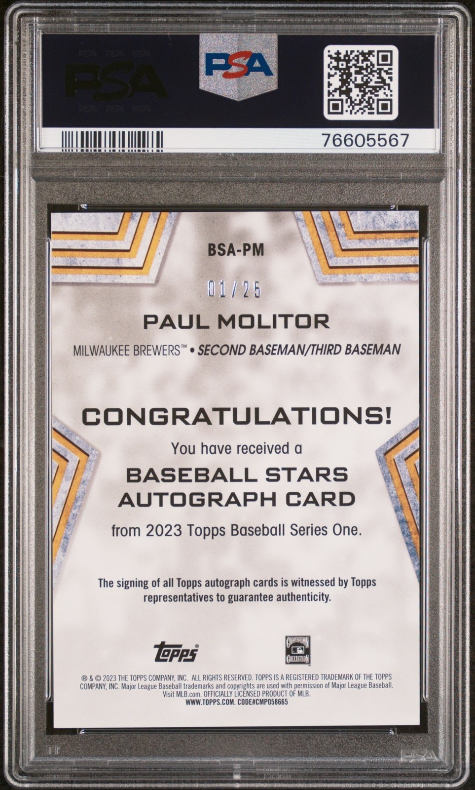 2023 Topps Paul Molitor Baseball Stars Auto Red /25 PSA AUTH Milwaukee Brewers view 2