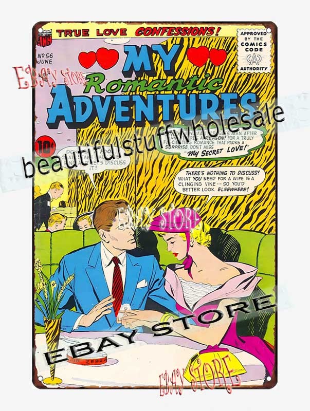 A campy 1950s romance comic cover immortalized on a tin sign — peak retro kitsch that instantly sparks a conversation.