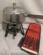 VTG Fondue Pot Set MCM Burner  Stand  - 14 Wood Color Coded Handle Fondue Forks