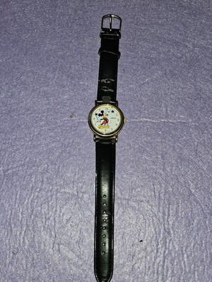 Lorus Disney Mickey Mouse Quartz Am Watch Gold Tone 25mm Original Black Leather