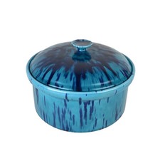 Beautiful Mid Century Blue Glazed Lidded Ceramic Casserole Serving Dish 8.5 x 4"