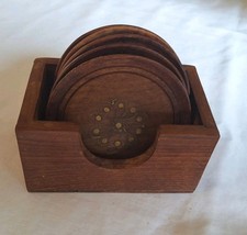 Vtg Set of 5 Wooden Coasters w/Brass Floral Inlay Holder Made in India READ