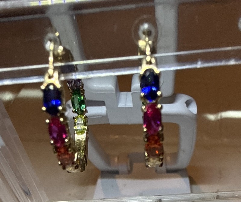 Vietnam 925 Sterling Silver Gold Tone Multi-Color Stone In & Out Hoop Earrings