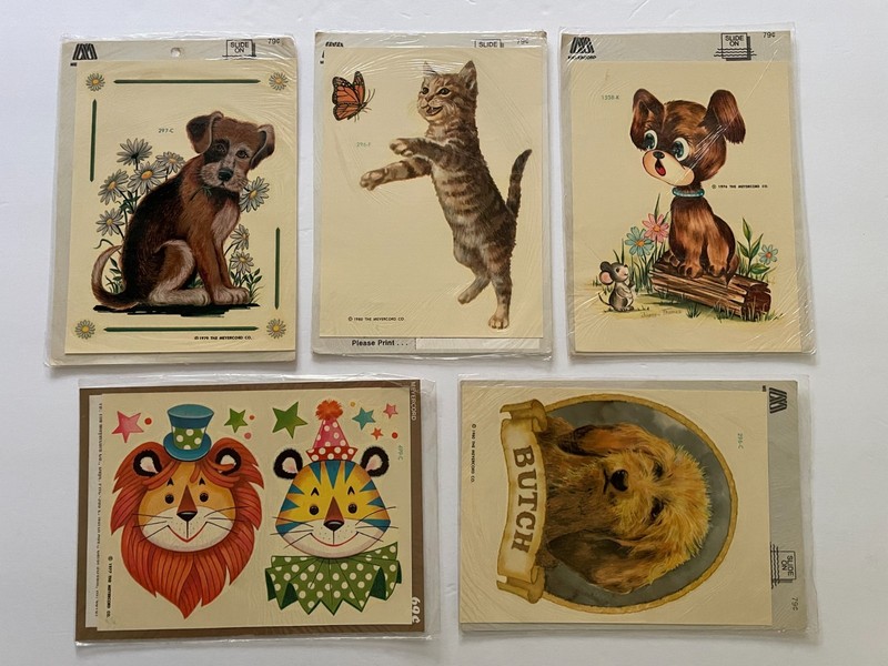 Vintage NOS 1970's  lot of 5 MEYERCORD Water Slide Decals Dogs, Cat, Cartoons