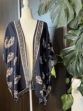 Women's Blue Beige Floral Open Front Kimono Cardigan Top 3/4 Sleeve Rayon M
