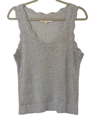 Loft Shimmer Metallic Silver Scalloped Scoop Neck Tank Top Party Wedding Sz XL