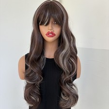 Mixed Brown blonde Long Wavy Dress Up Wig With Bangs Heat Resistant Hair