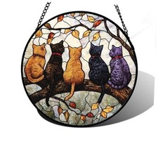 Stained Glass Window Hanging - 5 Cats on a Branch Suncatcher 9.8x9.8 IN Black