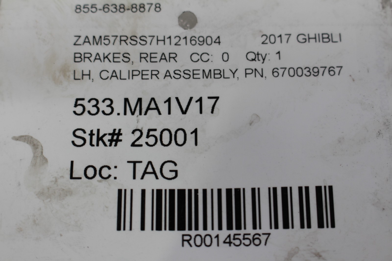 2017 Maserati Quattroporte, Ghibli, LH, Rear Brake Caliper, Used, P/N 670039767