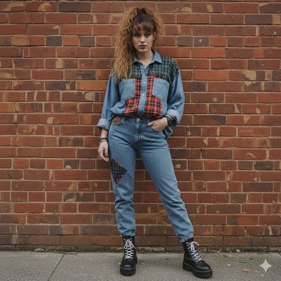 VTG 90s Spirit Don't Stop Denim Plaid Set  Shirt Jeans Patchwork Hip Hop Street
