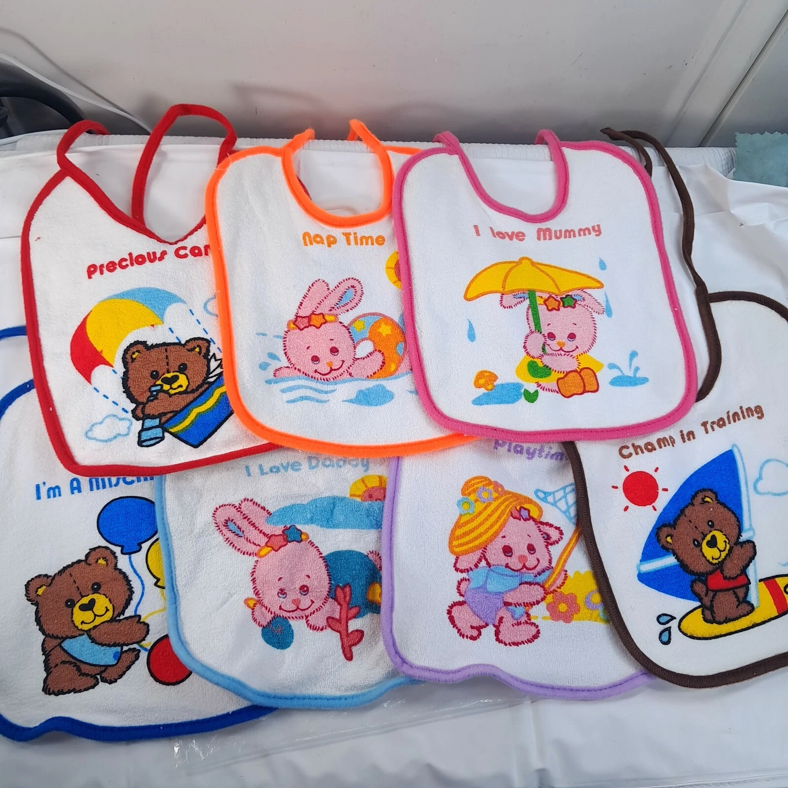 Vintage KMart Little Ones Baby Bib set 7 k-mart terry cotton 90s bear bunny
