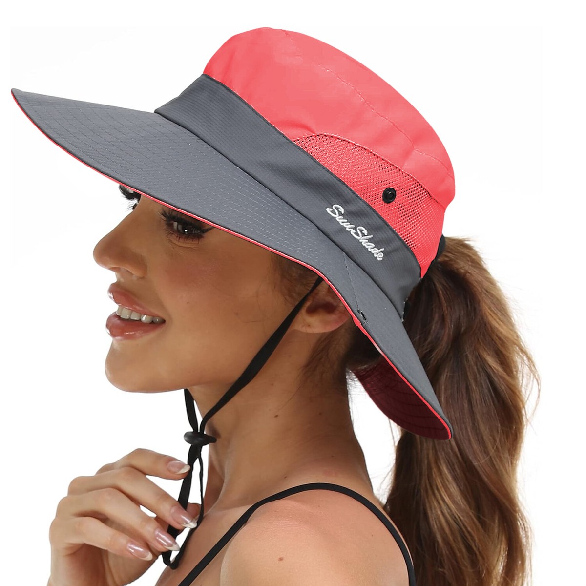 Women's Summer Sun Hat - Wide Brim Bucket Hat with Ponytail Hole