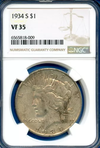 1934 S NGC VF35 Peace Silver Dollar $1 US Mint Rare Key Date Coin 1934-S VF-35