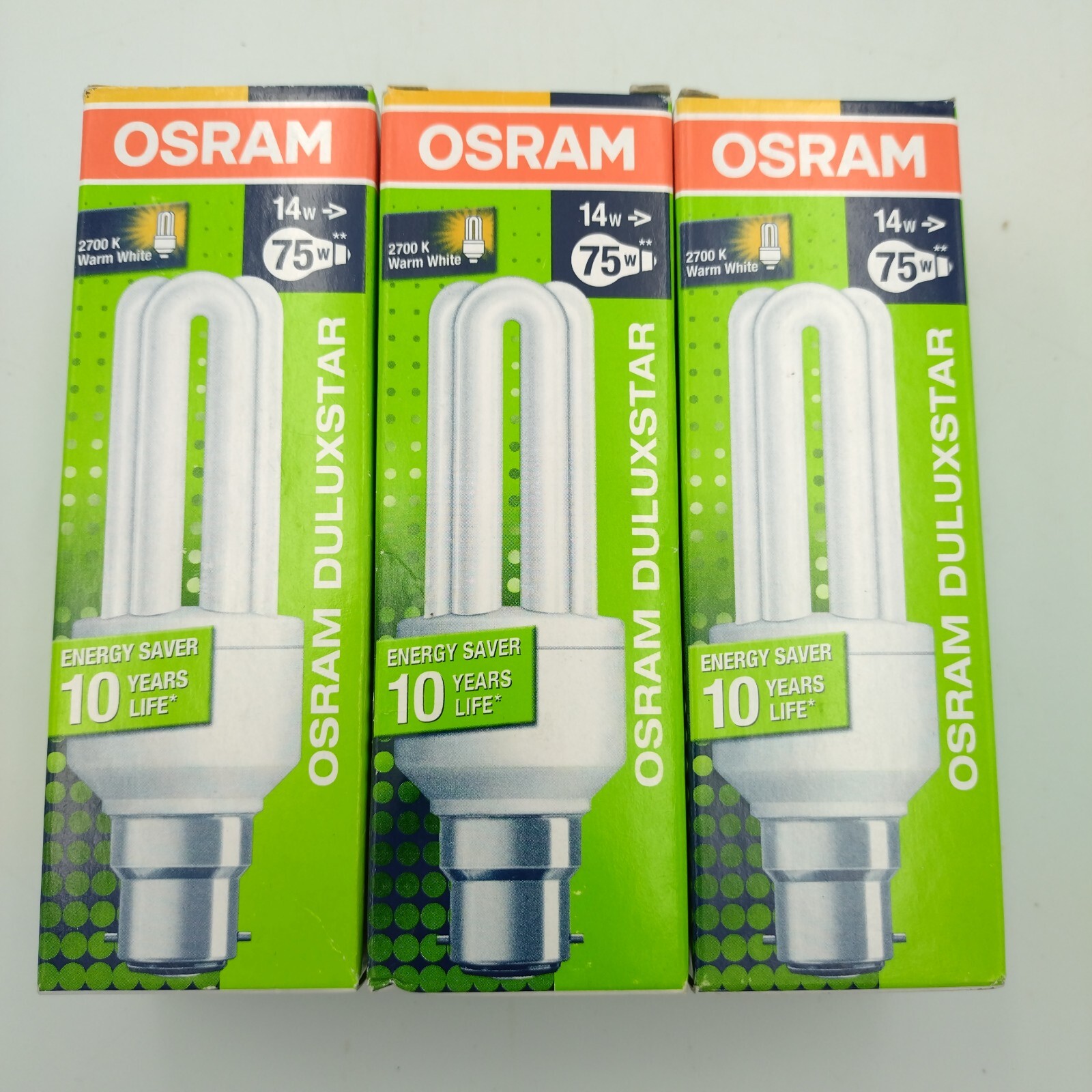 3 x Osram Energy Saver Bulb 14w = 75w B22 d BC Bayonet long life Low Energy