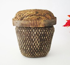 Antique Chinese Hand Woven Willow & Wood Fish Basket with Lid  9" Tall