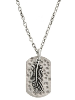 Men's Oxidized Stainless Steel Feather Dog Tag Pendant, 24'' Chain