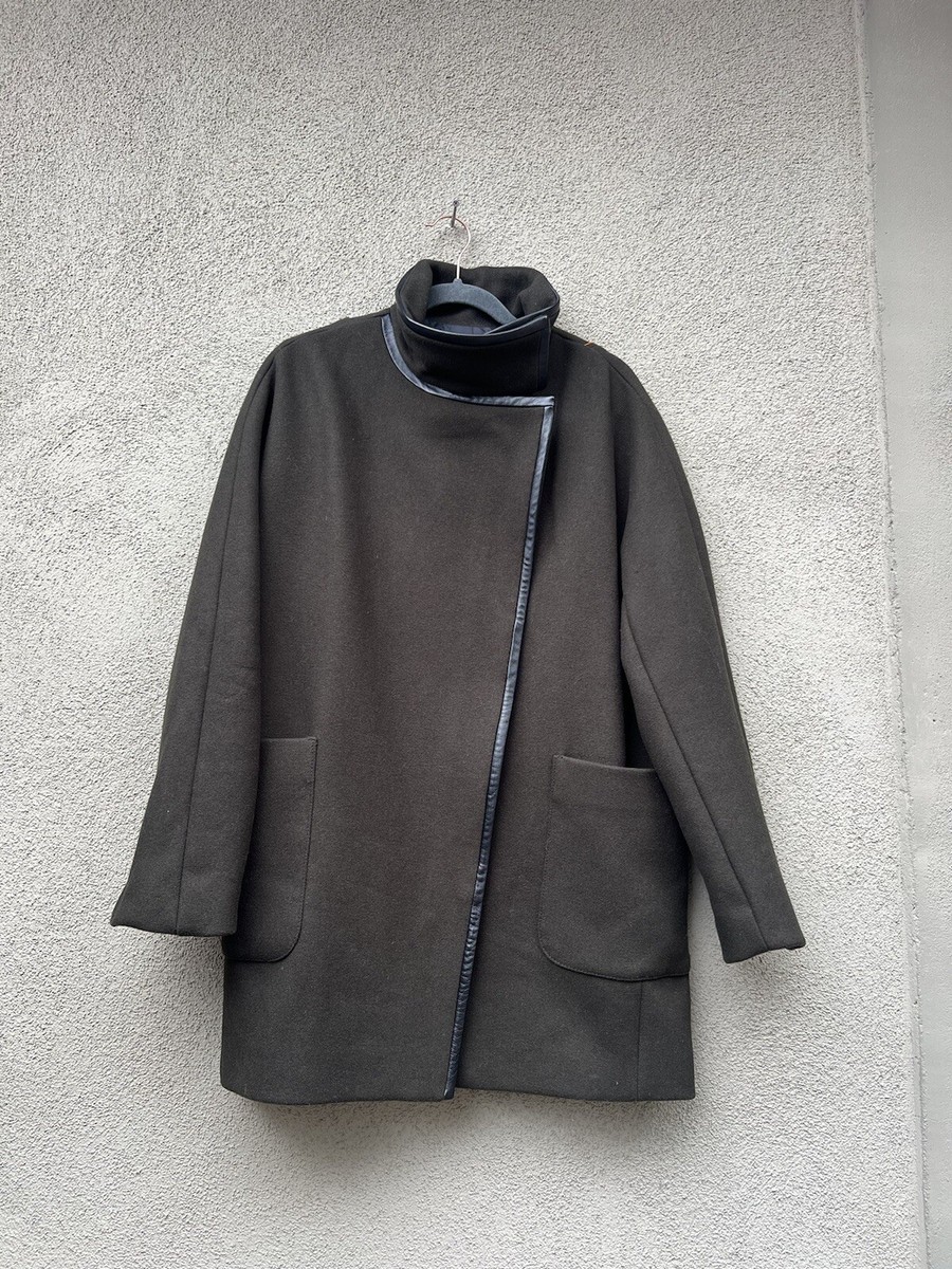 Madewell City Grid Cocoon Warm Coat Black Wool Full Zip Leather