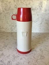 "THERMOS" Brand Model 2202 Pint Size Red and Tan 9.5" Tall Made In USA