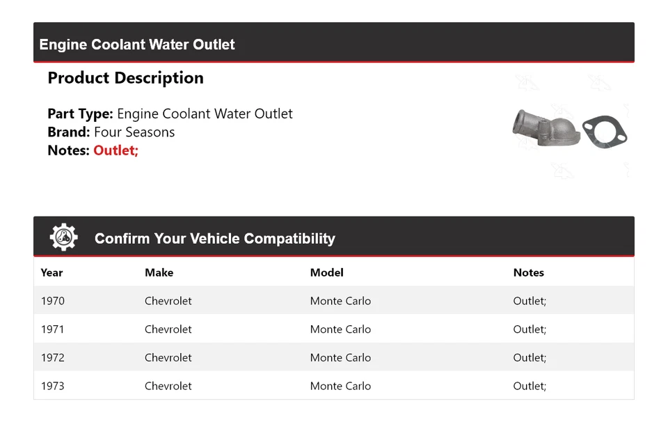 Salida de agua refrigerante motor Chevrolet Monte Carlo 1970-1973 4 estaciones 1971 Foto 2 de 4