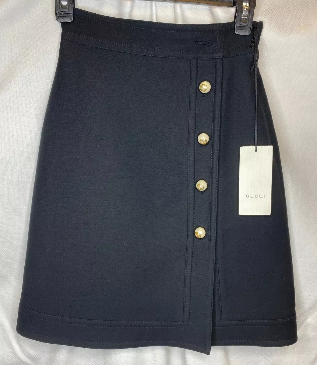 NWD GUCCI Black Wrap Skirt Pearl Gold GG Button Embellished Wool