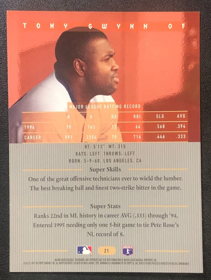Tarjeta coleccionable de béisbol Tony Gwynn 1995 Bowmans Best REFRACTOR JUMBO #21 Foto 3 de 3