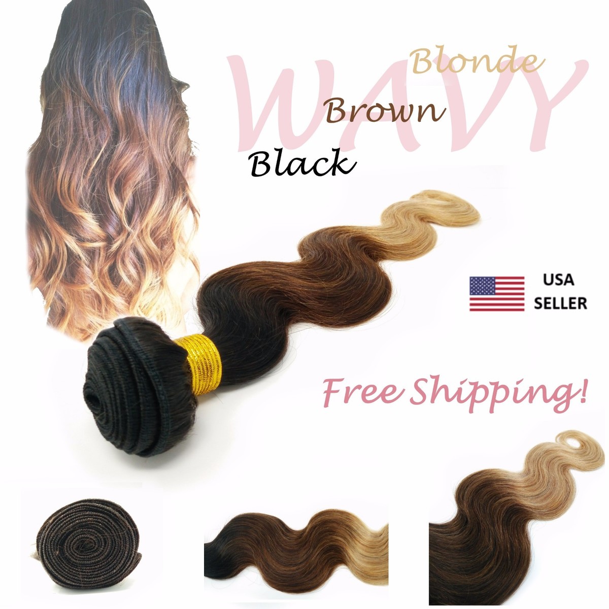 Ombre Body Wave Black Brown Blonde 1B/4/27 Sew In 100 Human 